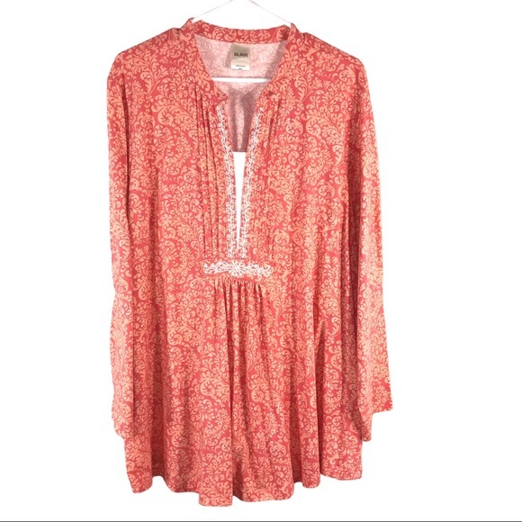 Peach Floral Print Pintucked Tunic Top, Size 2X - Picture 1 of 10